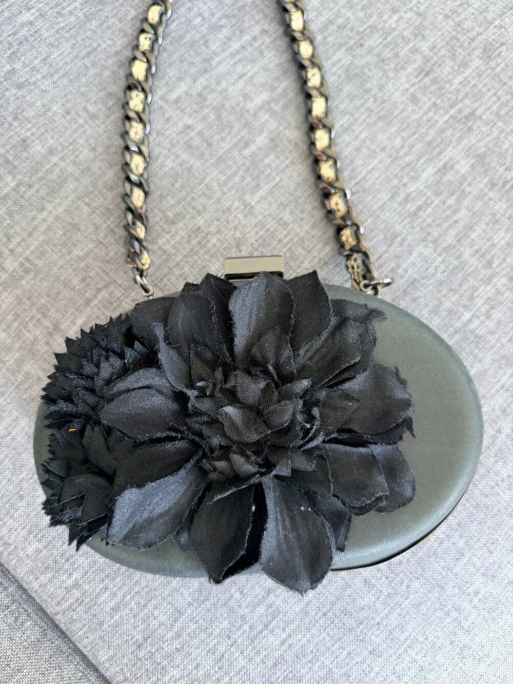 REISS Black Leather Floral Clutch Evening Bag Gunmetal Chain Shoulder Purse